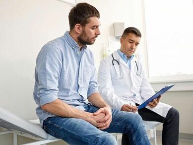 The doctor helps the man determine the cause of the pathological discharge from the urethra